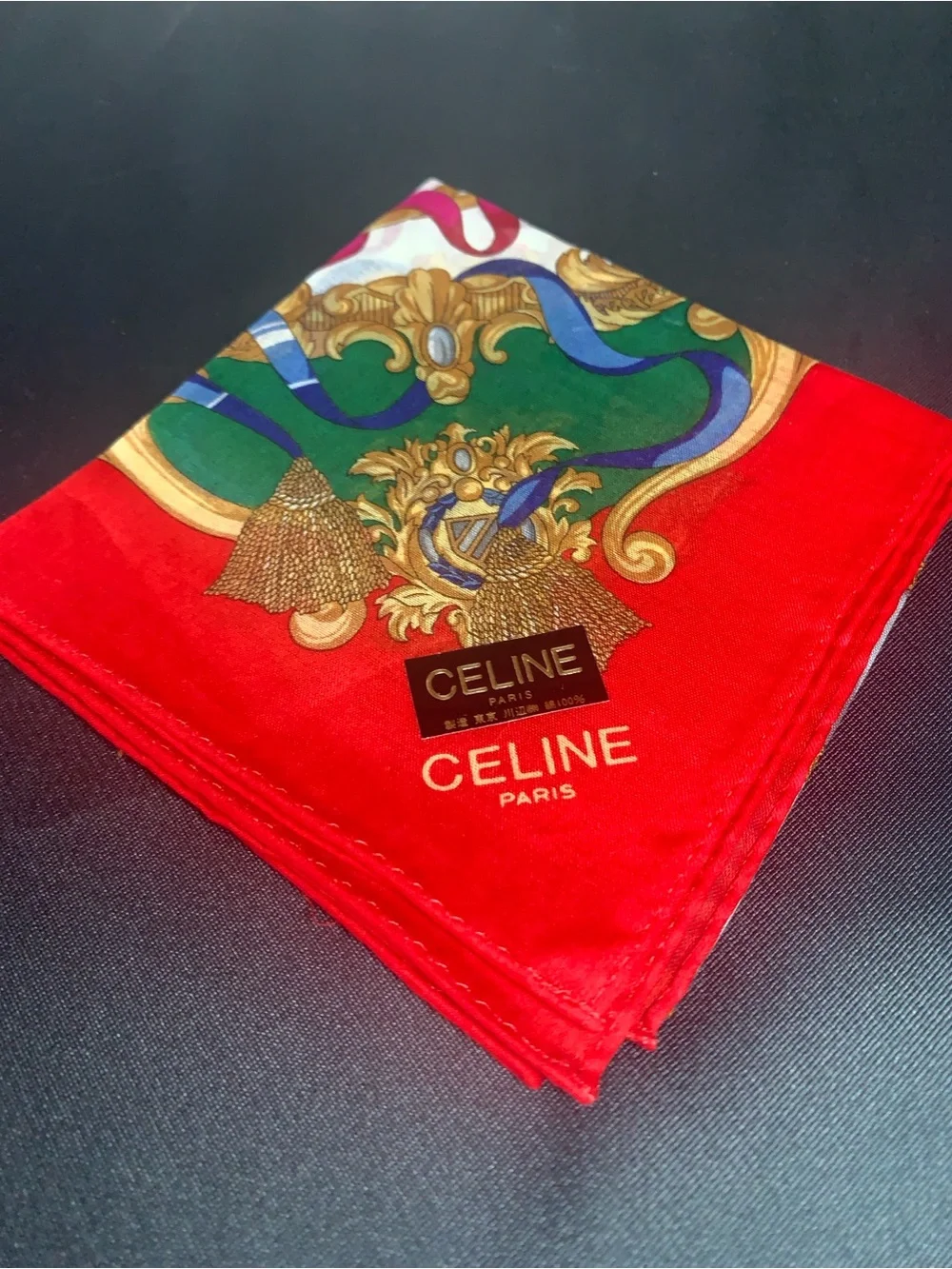 Celine Red Mini Scarf with Gold & Green Baroque Motif